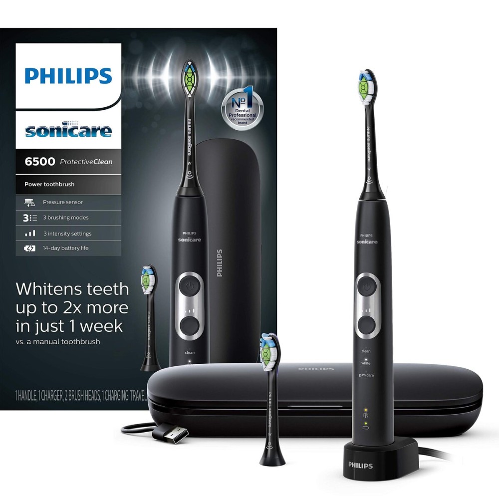 Philips Sonicare ProtectiveClean 6500 Rechargeable Electric Toothbrush, with Pressure Sensor, 3 Cleaning Modes, SmarTimer and QuadPacer, 14-Day Battery Life, Charging Travel Case, Black, HX6462/08
