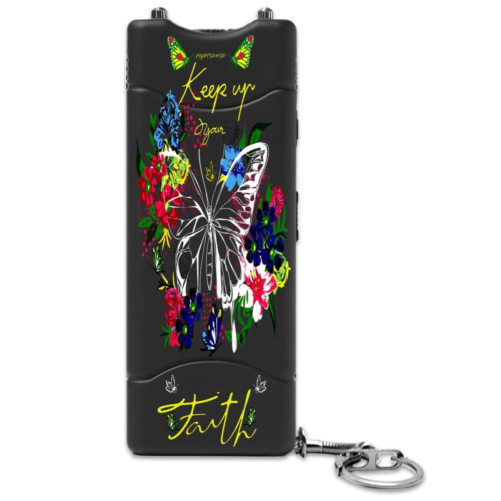 FIGHTSENSE Super Heavy Duty Keychain Stun Gun with Flashlight for Men and Women self Defense Device, Rechargeable Stun Gun, Nylon Holsters (Zebra)