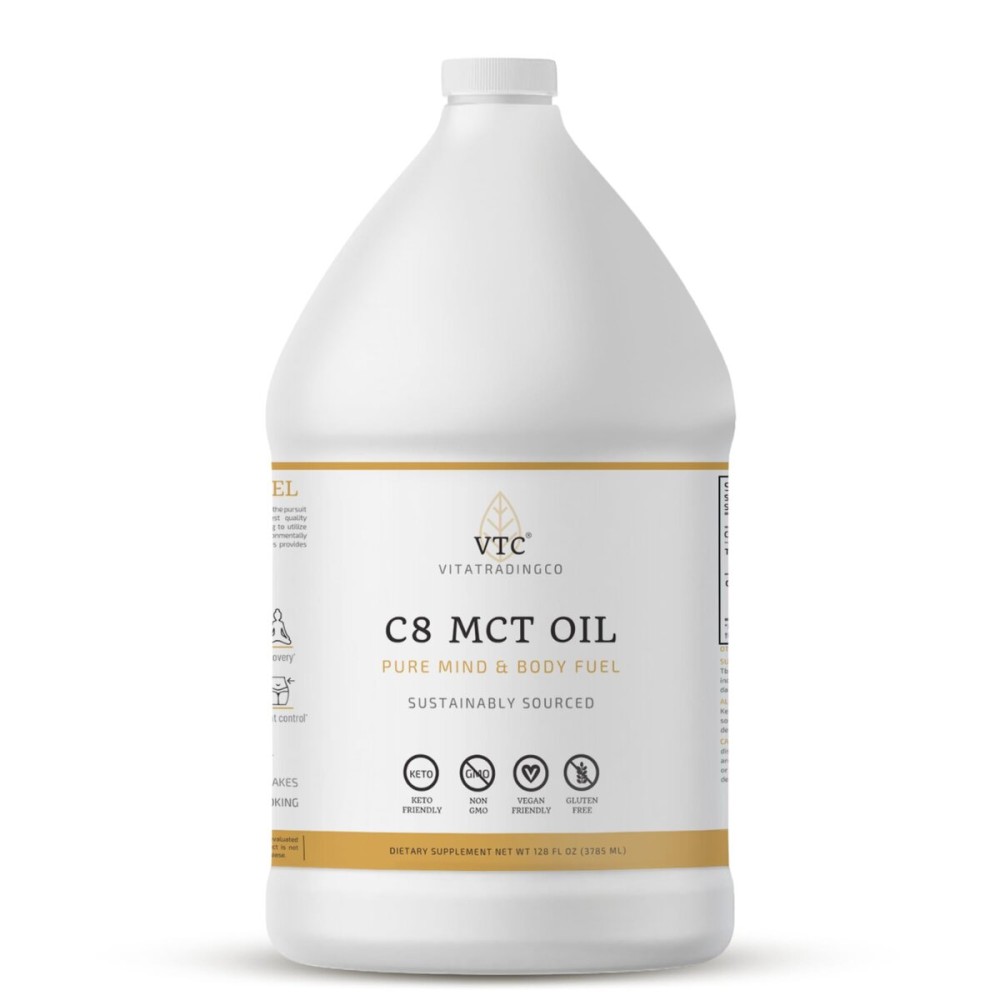 VTC VitaTradingCo. 100% Pure C8 MCT Oil | 3X Distilled Caprylic Acid | Healthy Fat for Clean Energy | Sustainably Sourced | Non-GMO, Paleo, Keto | 128oz, 256 Servings (Unflavored)