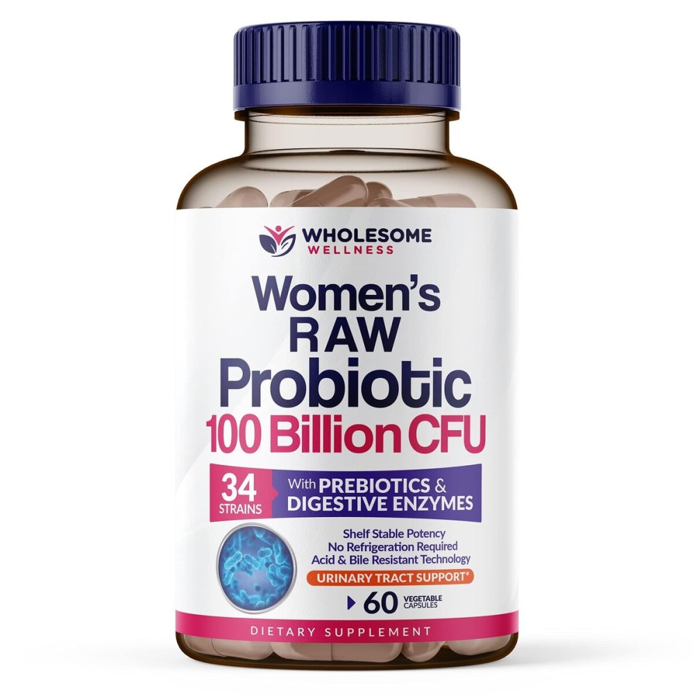 Wholesome Wellness Dr. Formulated Raw Probiotics for Women 100 Billion CFUs Capsules with Prebiotics, Digestive Enzymes, Approved for Adults, Shelf Stable Supplement