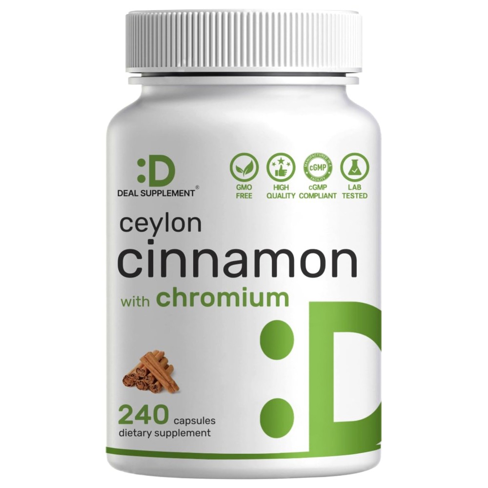 Ceylon Cinnamon with Chromium 1000mcg, 240 Capsules | Active Inner Bark Extract, True Sri Lanka Source | Natural Cinnamon Supplements