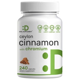 Ceylon Cinnamon with Chromium 1000mcg, 240 Capsules | Active Inner Bark Extract, True Sri Lanka Source | Natural Cinnamon Supplements