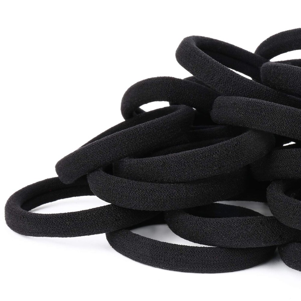 50PCS Black Hair Ties for Women, Cotton Seamless Hair Bands, Elastic Ponytail Holders, No Damage for Thick Hair, 2 Inch in Diameter, by Qarwayoc