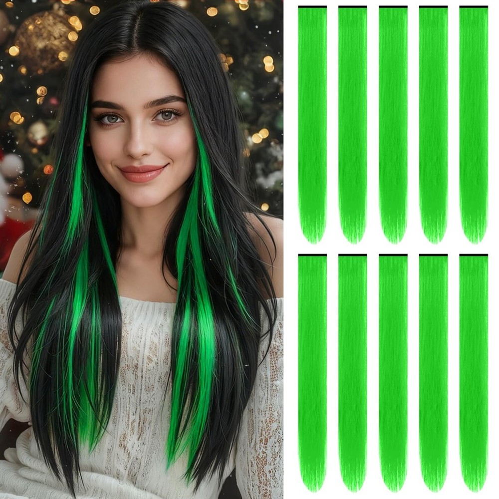 TOFAFA 22 inch Colored Hair Extensions Long Straight Hairpiece,Colorful Party Highlights Neon Green Clip in Synthetic Hair Extensions for Women Kids Girls Christmas New Year Cosplay Gift(10 PCS Green)