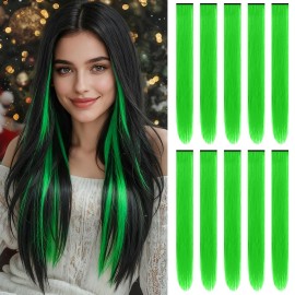 TOFAFA 22 inch Colored Hair Extensions Long Straight Hairpiece,Colorful Party Highlights Neon Green Clip in Synthetic Hair Extensions for Women Kids Girls Christmas New Year Cosplay Gift(10 PCS Green)
