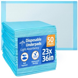 Medline Light Absorbency Underpad, 23 x 36, 50 Count, Disposable Bed, Furniture & Surface Protection, For Kids, Adults, Elderly, Puppy Pad, Changing Pad, Incontinence Pee Pad, Chucks