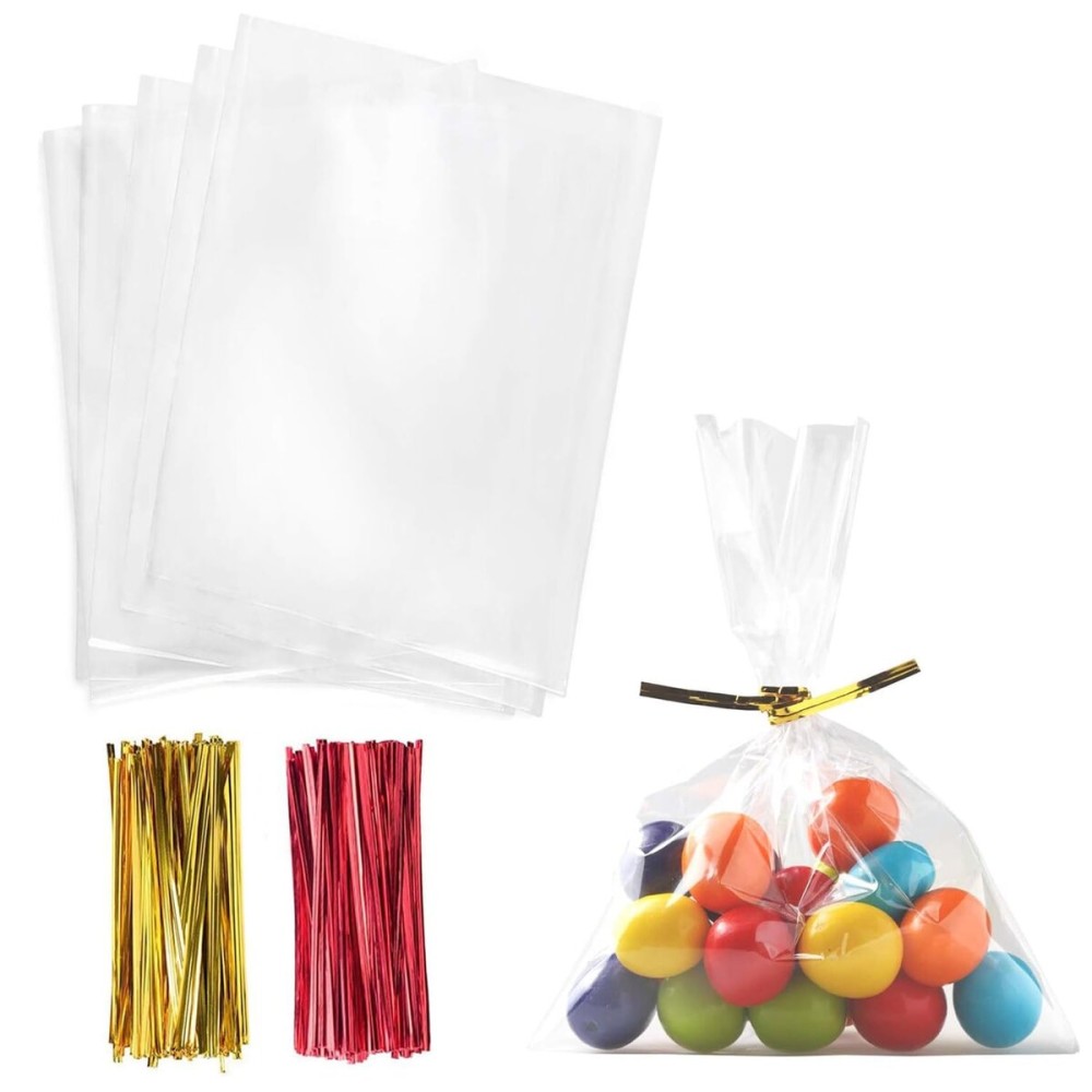 Cello Cellophane Treat Bags,5x7 Inches Clear Cellophane Bags 200 Pcs OPP Plastic Treat Bags with 200 Twist Ties for Gift Wrapping,Packaging Candies,Dessert,Bakery, Cookies, Chocolate,Party Favor