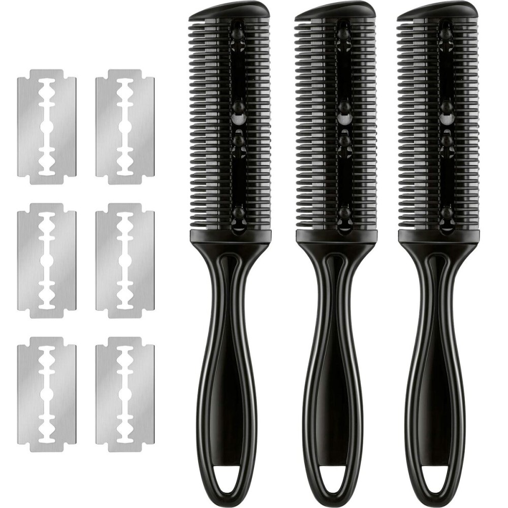 Maitys 3 Pcs Haircut Razor Comb Hair Cutting Comb with 12 Replacement Blades Double Edge Shaper for Salon & Home Styling Split Ends Trimmer Styler for Thick and Thin Hair(Black)
