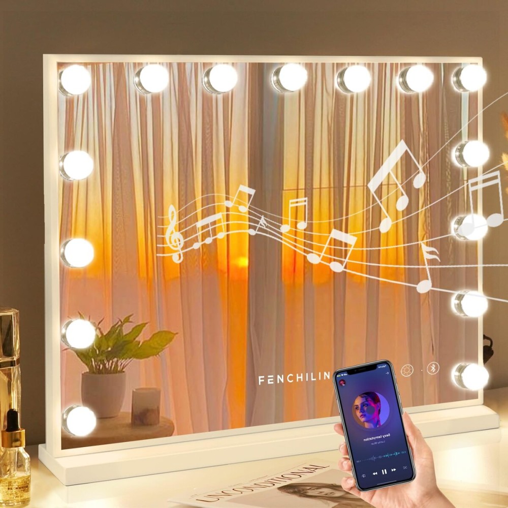 FENCHILIN Vanity Mirror with Lights and Bluetooth Speaker 22.8x 18.1 Makeup Mirror Lighted Hollywood Mirror with 15 Dimmable LED Bulbs USB Charge Port, 3 Color Lighting Modes
