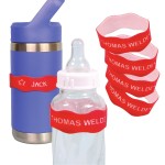 InchBug Orbit Labels Baby Bottle and Water Bottle Silicone Name Bands - Personalized Reusable Label Set for Daycare, Sippy Cups, Preschool, Elementary School, Dishwasher Safe, 4-Pack (Fire Truck Red)