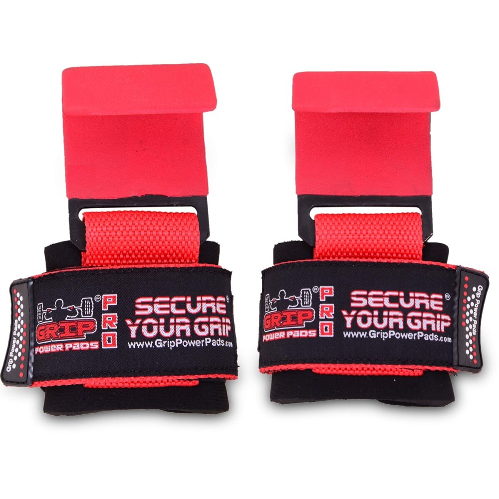 Heavy Duty PRO Metal Lifting Steel Hooks Power Weight Lifting Set of 2 Premium Thick Padded Workout Hook Gloves (Men-Wrist Size Large, Jet RED)