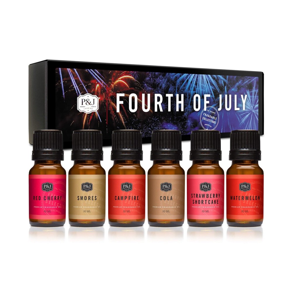P&J Trading Fourth of July Set of 6 Fragrance Oils - Red Cherry, Watermelon, Strawberry Shortcake, Campfire, Smores, Cola Scented Oils for Candle Scents, Soap Making, Diffuser Oil