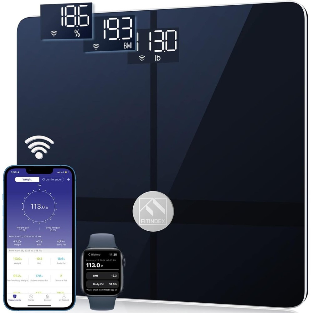 FITINDEX Wi-Fi Scale for Body Weight, Smart Scale with BMI, Body Fat, Muscle Mass, Digital, Bluetooth, Bathroom,13 Body Composition Analysis Health Monitor