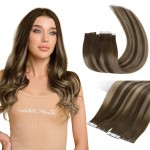 Full Shine Injection Tape in Hair Extensions 5Pcs 20 Inch Seamless Skin Weft Tape in Extensions Color 4 Brown Fading to 27 Blonde And 4 Brown Virgin Hair Extensions Real Remy Human Hair 12.5 Gram