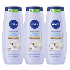 NIVEA Pampering Coconut and Almond Milk Body Wash with Nourishing Serum, Moisturizing Body Wash for Women, Enriched with Provitamin B5 and Vitamin E, 20 Fl Oz Bottle, Pack of 3