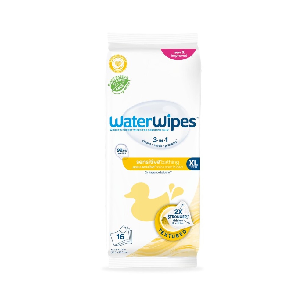 WaterWipes Sensitive+ Bathing Wipes, 3-In-1 Cleans, Cares, Protects, 99.9% Water, Unscented & Hypoallergenic, 16 Count (1 Pack)