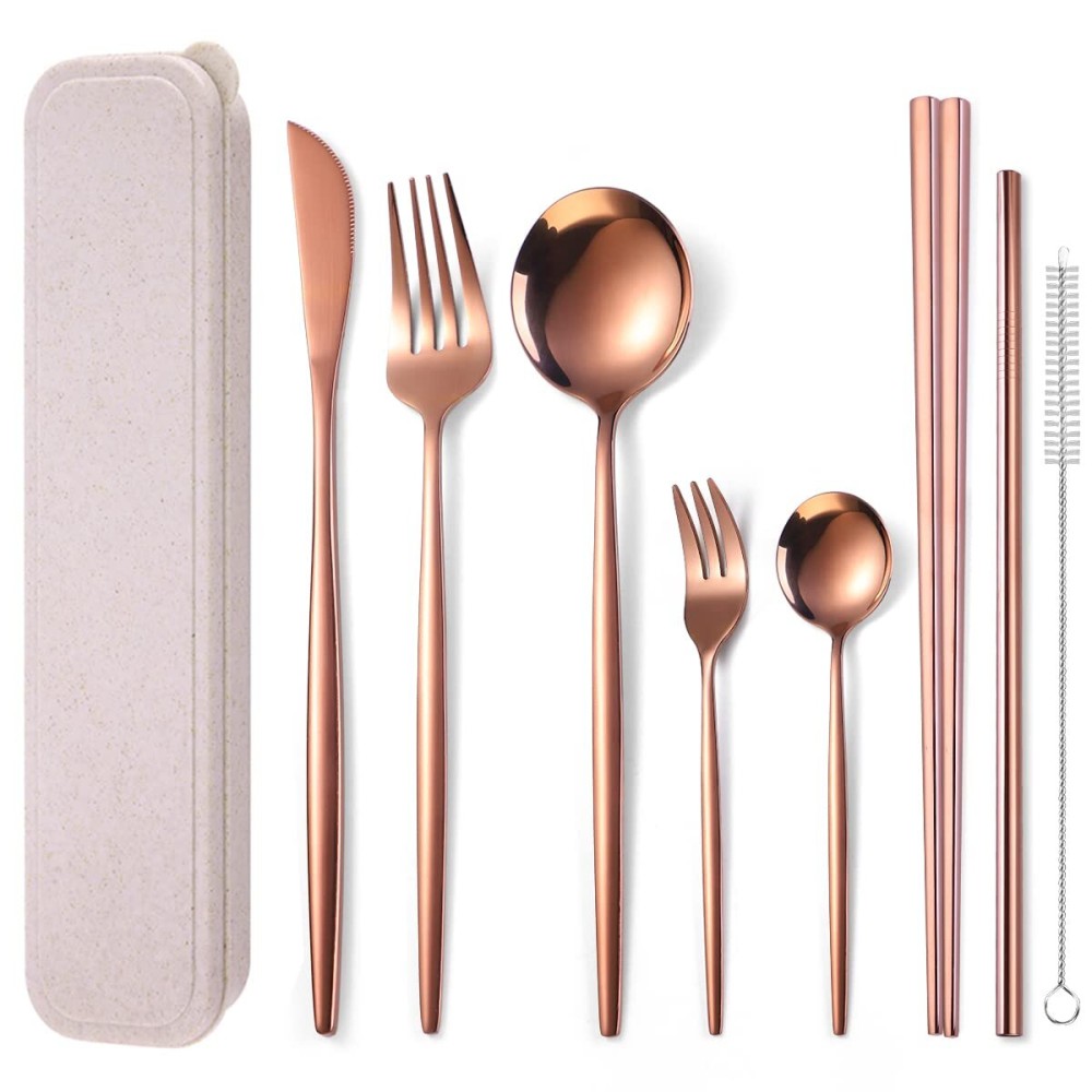 AARAINBOW 8 Pieces Stainless Steel Flatware Set Portable Reusable Cutlery Set Travel Utensils Set Including Chopsticks Knife Fork Spoon Straws Cleaning Brush Dishwasher Safe (Rose Golden)