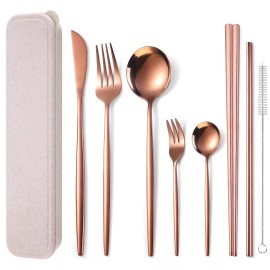 AARAINBOW 8 Pieces Stainless Steel Flatware Set Portable Reusable Cutlery Set Travel Utensils Set Including Chopsticks Knife Fork Spoon Straws Cleaning Brush Dishwasher Safe (Rose Golden)