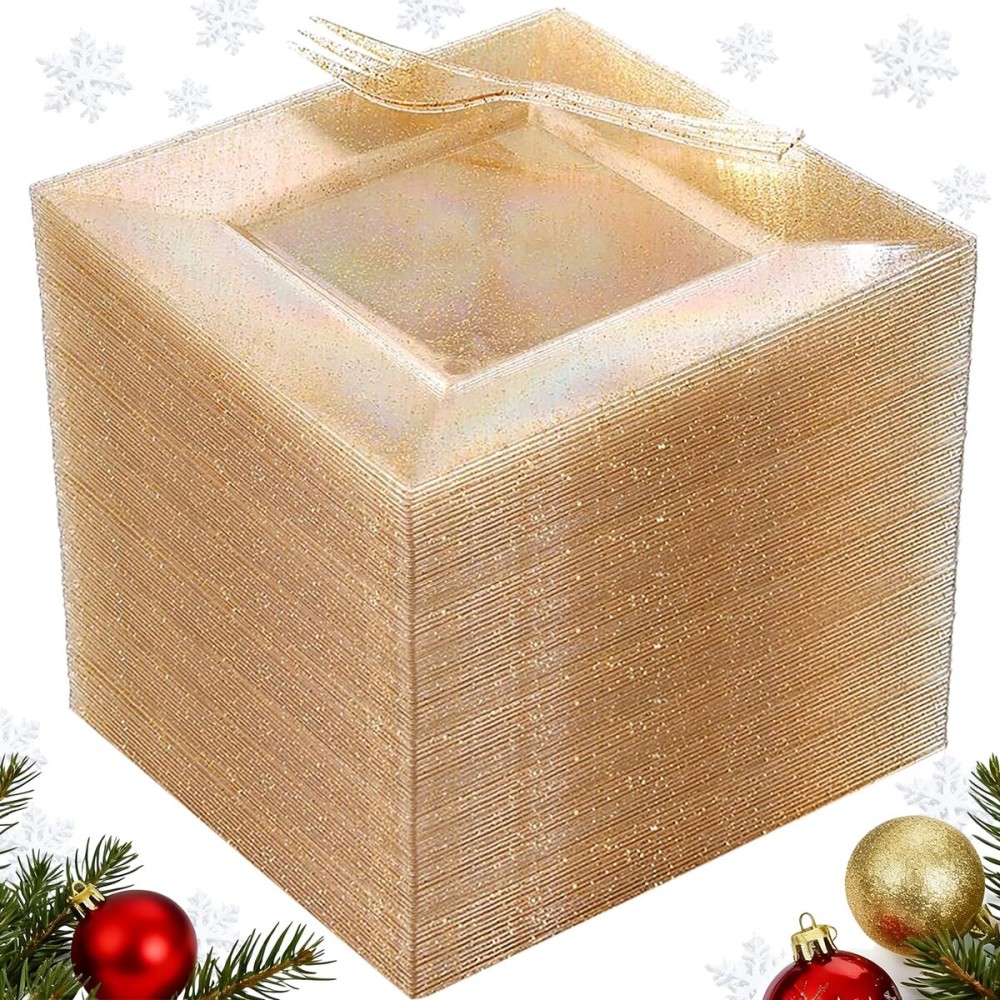 DaYammi 200Pcs Gold Dessert Plates Including 100Pcs Appetizer Plates 6,100Pcs Plastic Forks 5.7,Gold Glitter Plastic Square Plate for Party,Gold Salad Plate and Cake Forks for Christmas Wedding