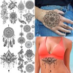 6 Sheets FANRUI Black Henna Temporary Tattoos For Women Lace Mehndi Mandala Flower Tatoos Ink Large Waterproof Lotus Fake Jewelry Pendant Butterfly Tattoo Stickers Kit Wedding Dreamcatcher Feather