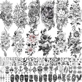 61 Sheets FANRUI Moon Peony Flowers Temporary Tattoos For Women Girls Arm Sleeve Thigh, Waterproof Realistic Rose Floral Tattoo Sticker Adults, Bulk Temp Long Lasting Fake Tattoos That Look Real Snake