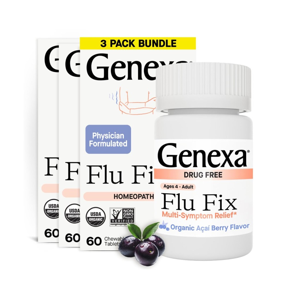 Genexa Flu Fix | Multi-Symptom Flu Remedy for Kids & Adults | Delicious Organic Acai Berry Flavor | Certified Organic & Non-GMO | Homeopathic Remedy Made Clean | 180 Chewable Tablets (3 Pack)