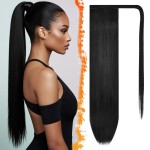 BARSDAR Natural Black Straight Ponytail Extension - 28 Inch Long Straight Wrap Around Ponytail Hair Extensions for Black Women, Synthetic Clip in Ponytails Hairpieces Daily