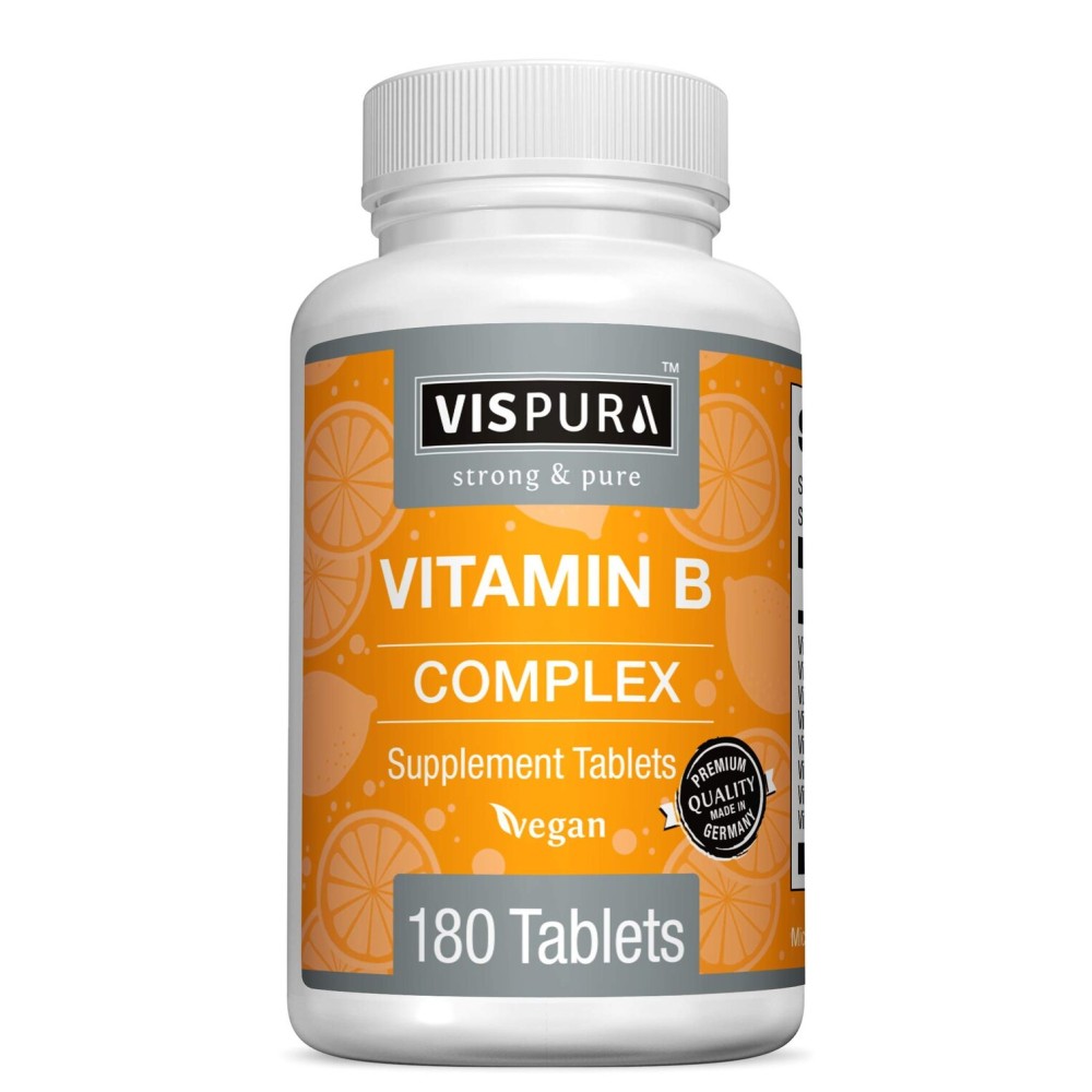 VISPURA Vitamin B-Complex, 180 Vegan Tablets, All B Vitamins Including B12, B1, B2, B3, B5, B6, B7, B9, Folic Acid, for Stress, Energy and Healthy Immune System*, Natural Supplement Without Additives