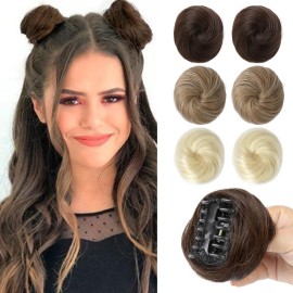 REECHO 2 PCS Mini Claw Clip in Messy & Cat Ears Hair Bun Extensions HB001 Wig Accessory Updo Hairpieces for Women Girls (Pack of 2-3 Straight, Dark Chocolate Brown)