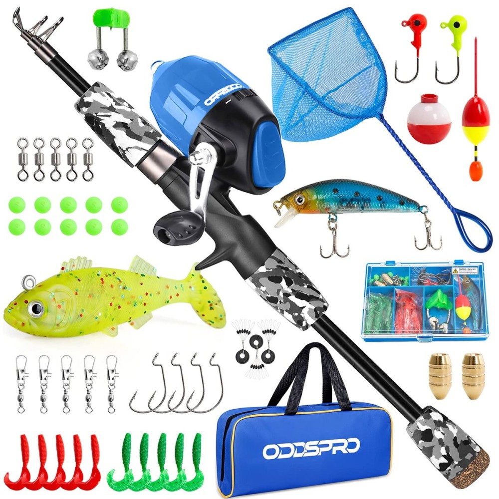 ODDSPRO Kids Fishing Pole - Kids Fishing Starter Kit - with Tackle Box, Reel, Practice Plug, Beginner\'s Guide and Travel Bag for Boys, Girls