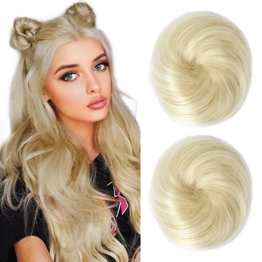 REECHO 2 PCS Mini Claw Clip in Messy & Cat Ears Hair Bun Extensions HB001 Wig Accessory Updo Hairpieces for Women Girls (Pack of 2-3 Straight, Natural Blonde)