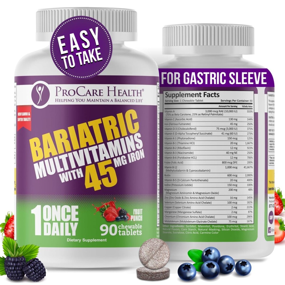 Procare Health Bariatric Multivitamin with Iron 45mg Chewable (90 Tablets) - Fruit Punch Flavor Bariatric Multivitamin Chewable Pills for Gastric Bypass & Sleeve Gastrectomy Patients (03 Month Supply)