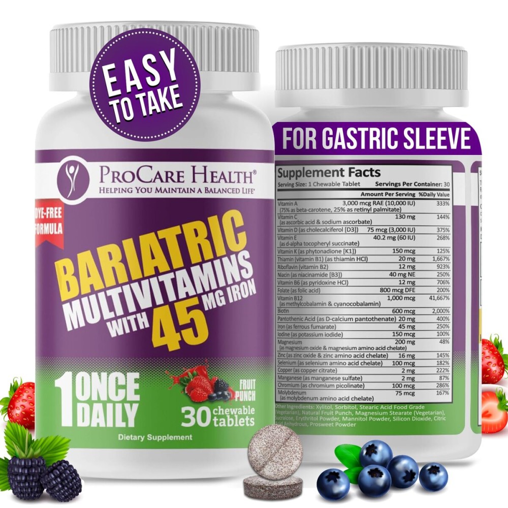 Procare Health Bariatric Multivitamin with Iron 45mg Chewable (30 Tablets) - Fruit Punch Flavor Bariatric Multivitamin Chewable Pills for Gastric Bypass & Sleeve Gastrectomy Patients (01 Month Supply)