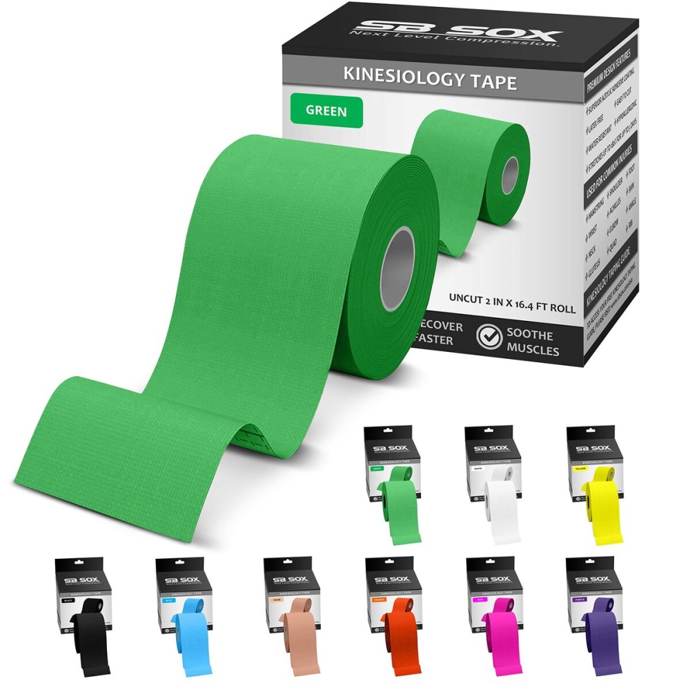 SB SOX Original Cotton Kinesiology Tape Roll - Best Latex Free Athletic Tape for Muscles/Joints - Waterproof, Stretchy, and Gentle on Skin (16ft) (Green)