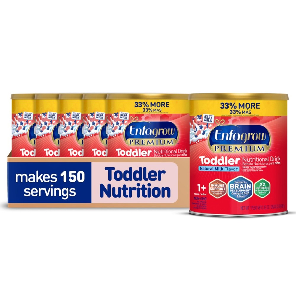 Enfagrow PREMIUM Toddler Nutritional Drink, Made with Real Milk, Brain-Building Omega-3 DHA, Nutrients and Prebiotics for Growth & Immune Support, Non-GMO, Toddler Milk Powder, 32 Oz Can, 6 Count