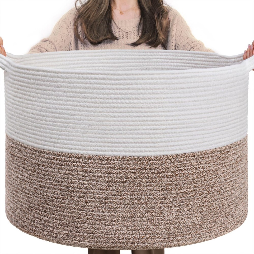 INDRESSME XXXLarge Cotton Rope Basket 21.7 x 21.7 x 13.8 Woven Baby Laundry Blanket Baskets Toy Burr Basket with Handle Storage Comforter Cushions for Christmas Thread Laundry Hamper