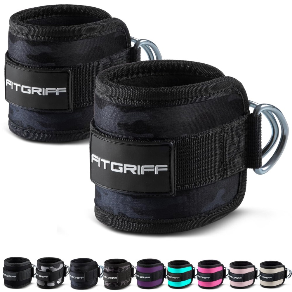 Fitgriff Ankle Straps V1 for Cable Machine (2 Pieces) - Gym Workout Equipment - Leg Pulley Attachment, Kickback Straps (Camo-Black)