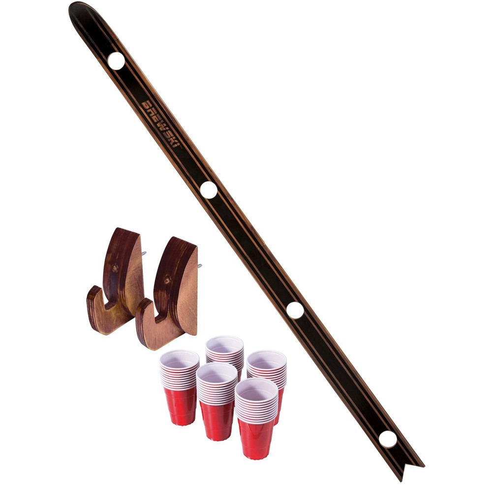 GoPong Brewski - Rustic Stained Design - 4 Person Beer Drinking Shot Ski with 50 Plastic 6 oz Cups