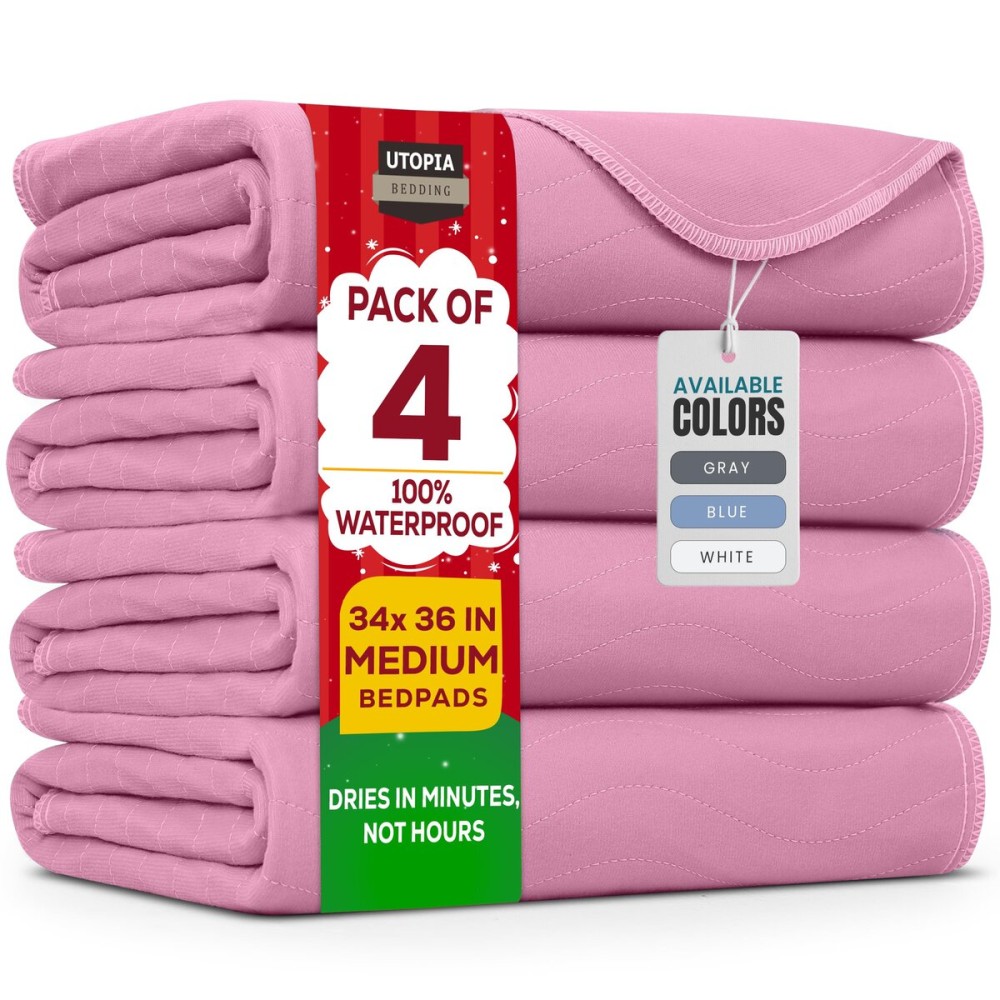 Utopia Bedding Washable Underpads 34 x 36 (Pack of 4), Waterproof Reusable Heavy Absorbency Incontinence Bed Pads for Adults, Kids, Elderly and Pets, Bedwetting Pads for Sofa and Couch (Pink)