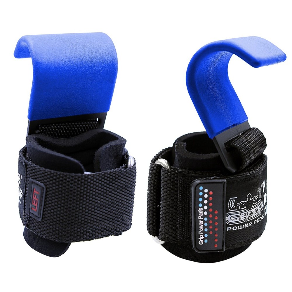 Heavy Duty PRO Metal Lifting Steel Hooks Best Power Weightlifting Set of 2 Premium Thick Padded Workout Hook Gloves (Women-Wrist Size Small/Medium, Classic Blue)