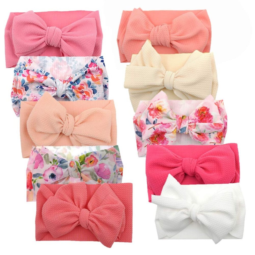 KIDOCHEESE Big Bows Hairbands, 10 Pack - Soft Nylon Hairband with Large Bows for Baby Girls, Newborn Infant Toddlers Kids, Ideal for Securing Hair - Perfect