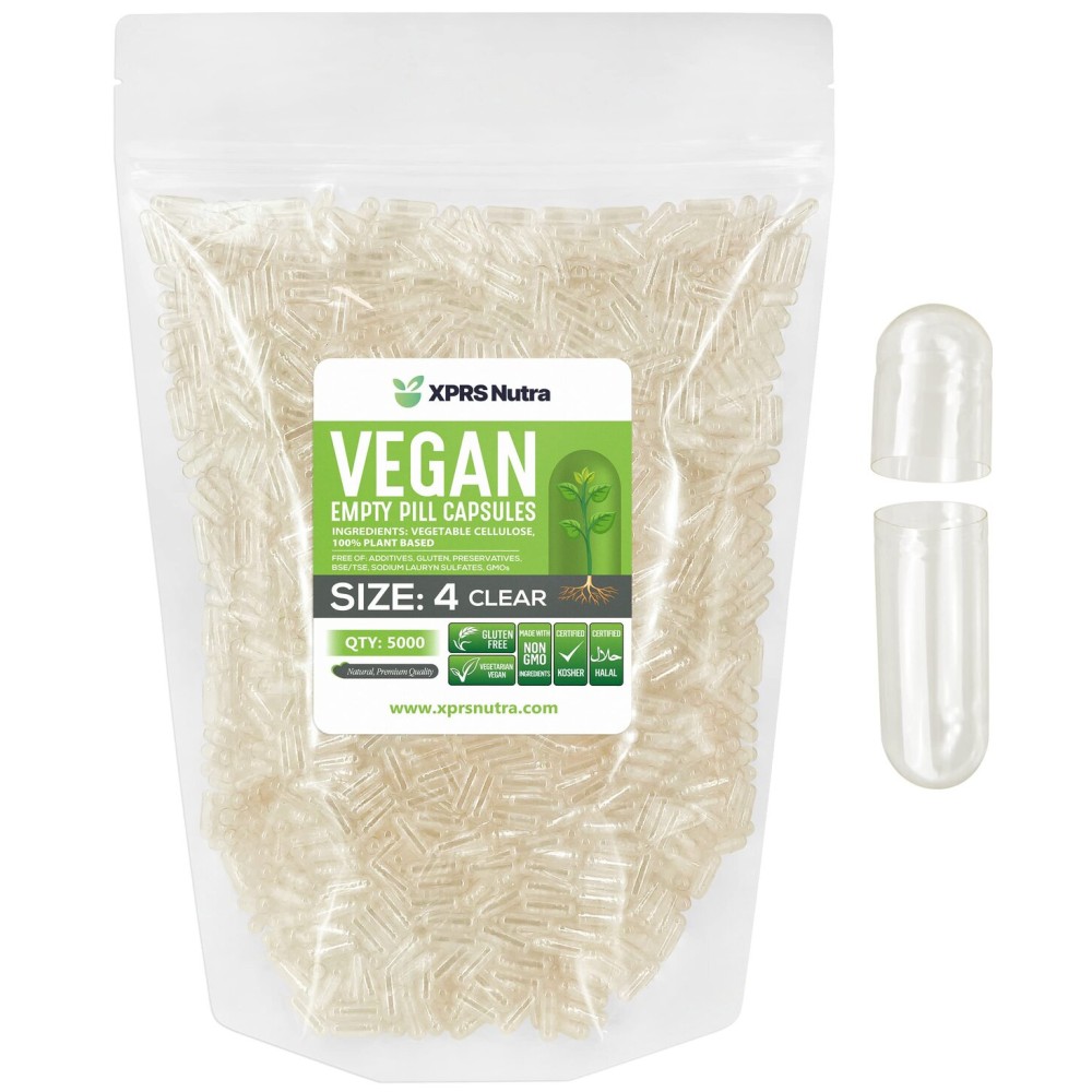 XPRS Nutra Size 4 Empty Capsules - 5000 Count Small Clear Empty Vegan Capsules - DIY Vegetable Capsule Filling - Fillable Do-It-Yourself Veggie Pill Caps for Supplements