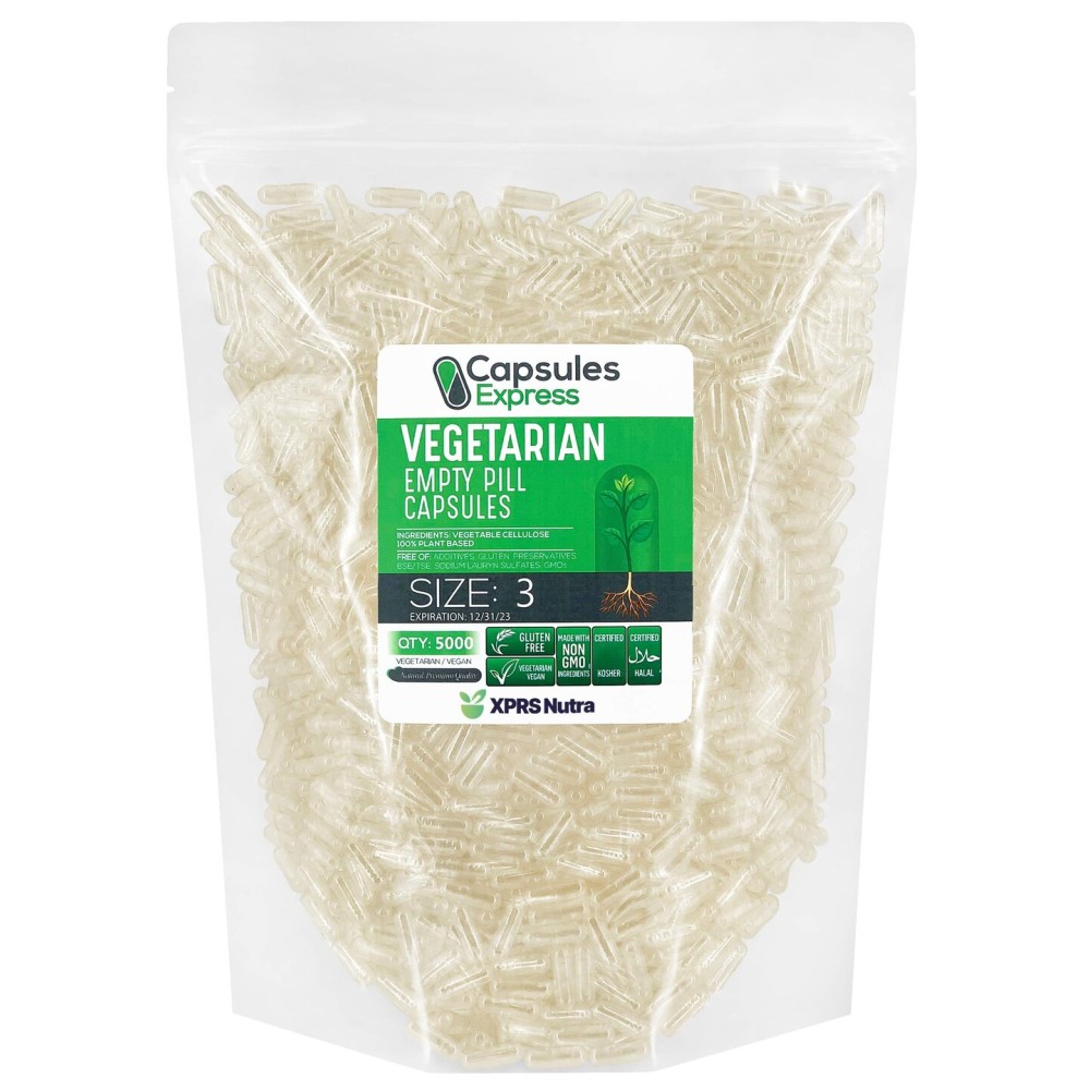 XPRS Nutra Size 3 Empty Capsules - 5000 Count Clear Empty Vegan Capsules - Vegetarian Empty Pills - DIY Vegetable Capsule Filling - Veggie Pill Caps