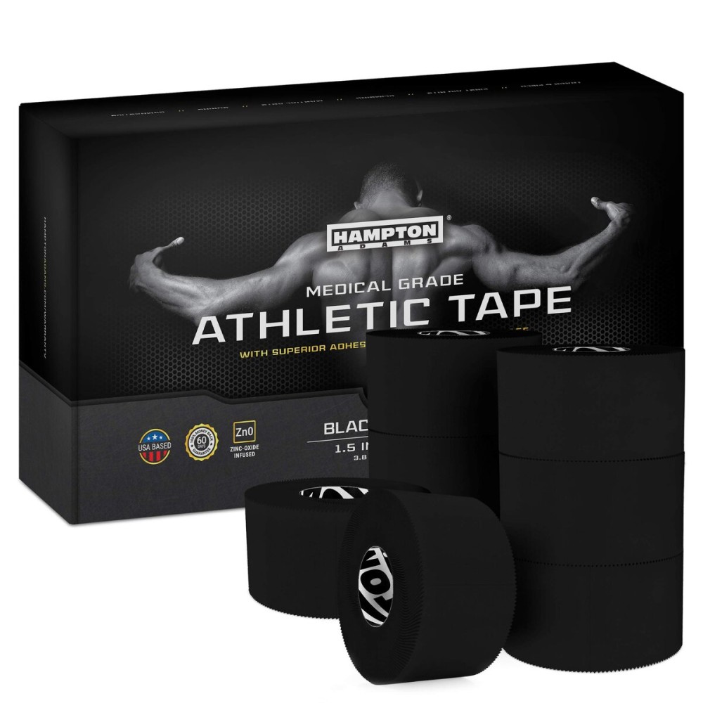 Hampton Adams | As Seen on Shark Tank | Original Sports Medical Athletic Tape (8-Pack) | 45ft Rolls | No Sticky Residue Easy Tear | for Athletes Trainers First Aid Injury Wrap | Ankles Wrist (Black)