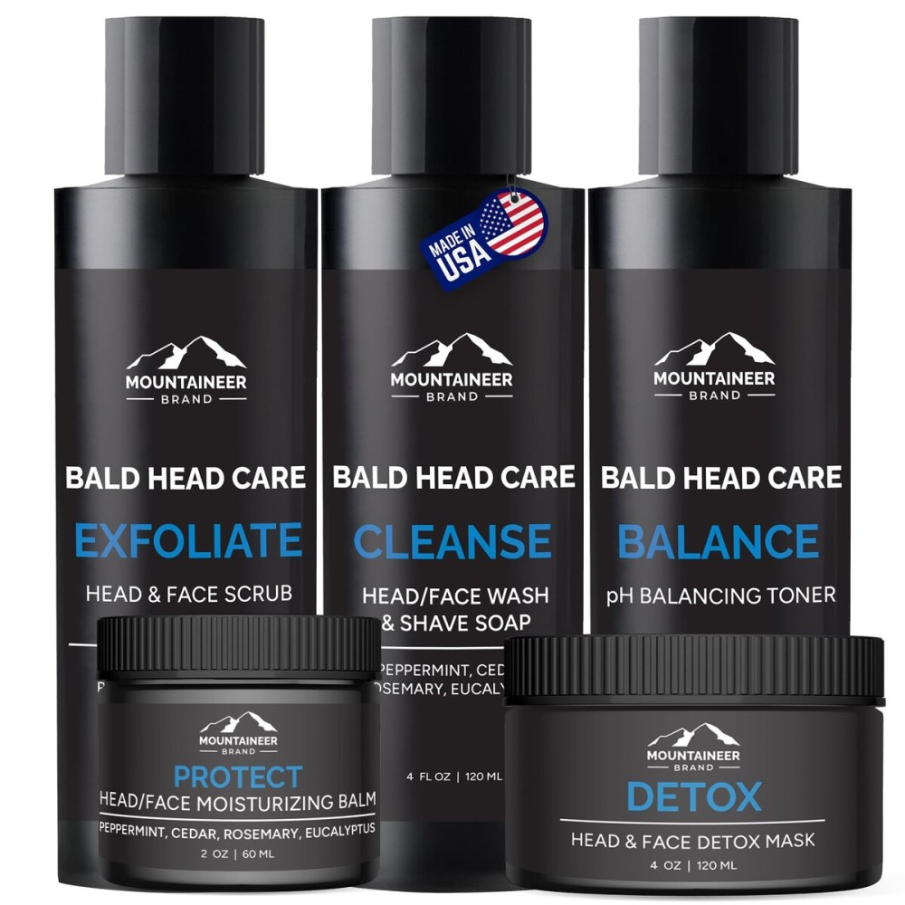 Mountaineer Brand Ultimate Bald Head Care Gifts Bundle For Men | All Natural 5 Step Skin Care for Healthy Scalp & Face | Exfoliate Scrub | Cleanse Wash | Shine Away | Moisturizing Balm | Detox