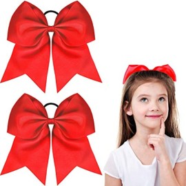 2 Packs Jumbo Cheerleading Bow 8 Inch Large Cheer Hair Bows with Ponytail Holder for Teen Girls Softball Outfit Uniform(Red)