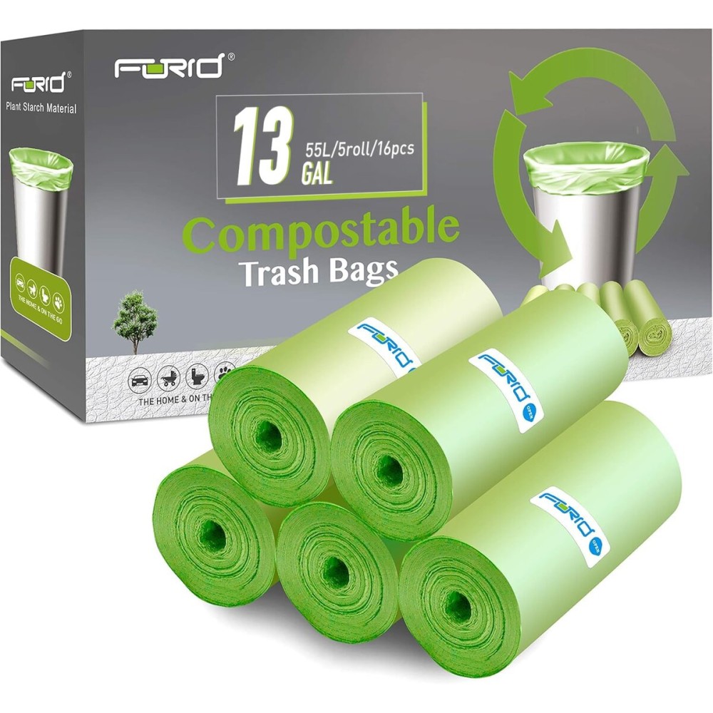 Compostable Trash Bags - FORID 13 Gallon Tall Kitchen Garbage Bags 80 Count Unscented Trash Can Liners 55 Liter Medium Wastebasket Bags for Bathroom Home Bedroom Office Garbage Can (5Rolls/Green)