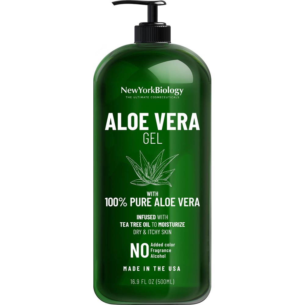 New York Biology Aloe Vera Gel for Face, Skin and Hair - Infused with Tea Tree Oil - From Fresh Aloe Vera Plant - Moisturizing Aloe Vera for Sunburn Relief and Dry Skin - 16.9 Fl Oz