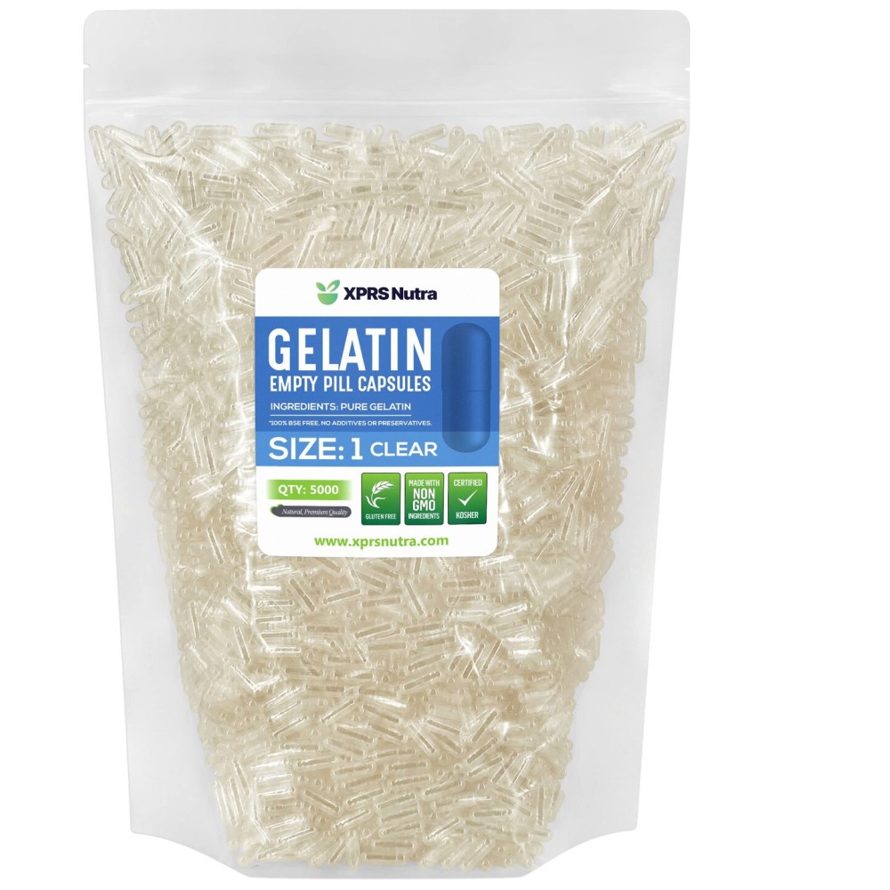 XPRS Nutra Size 1 Empty Capsules - 5000 Count Clear Empty Gelatin Capsules - Pill DIY Capsule Filling - Pure Bovine Pill Gel Caps for Do-It-Yourself Supplements