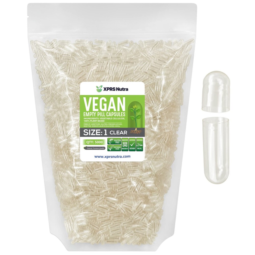 XPRS Nutra Size 1 Empty Capsules - 5000 Count Clear Empty Vegan Capsules - Vegetarian Pills - DIY Vegetable Capsule Filling- Veggie Pill Caps for Do-It-Yourself Supplements